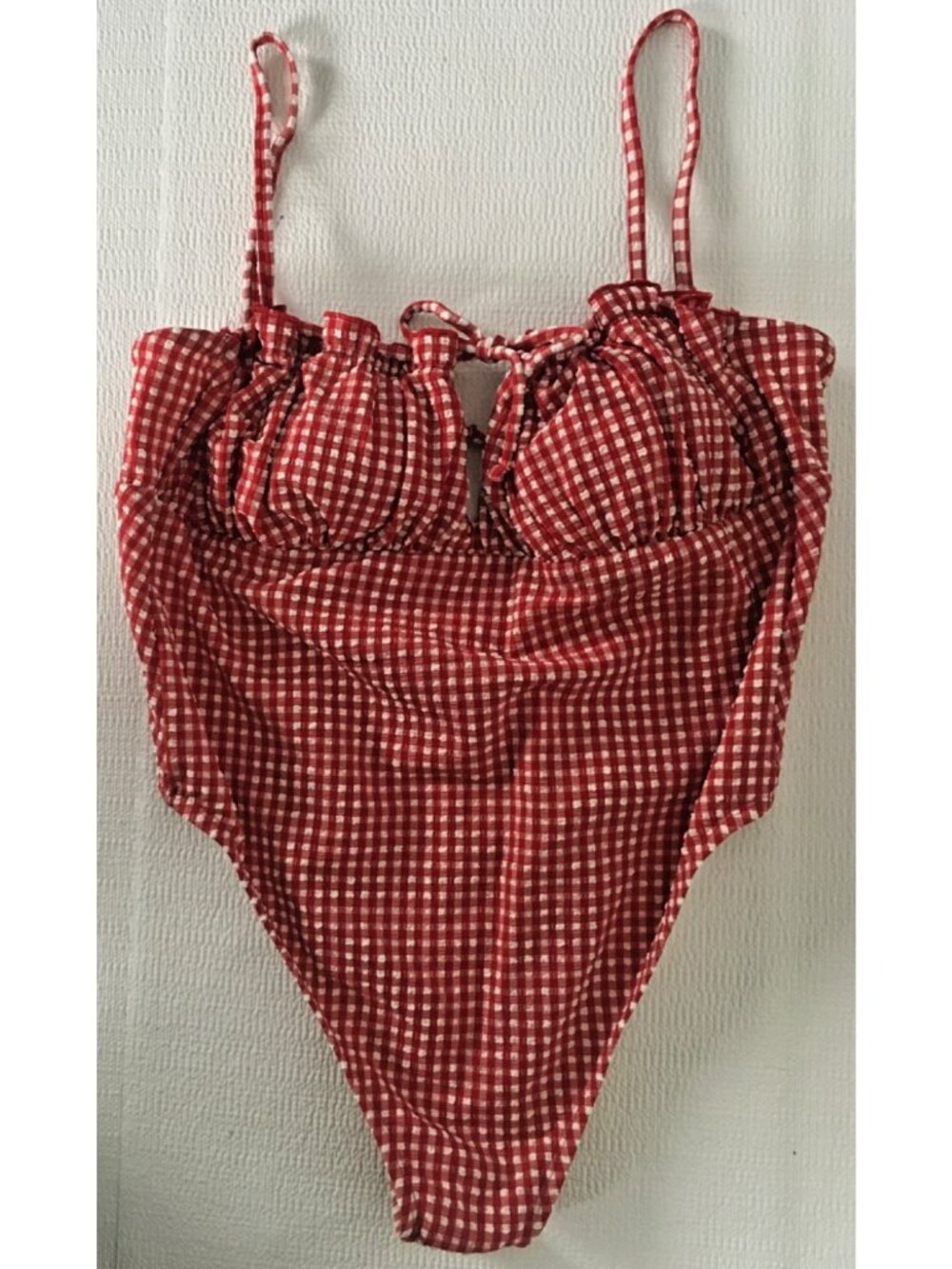 Kacey Lee 1 Piece Swimsuit Size XL 16 to 18 Red White Gingham Ruffle Neck New